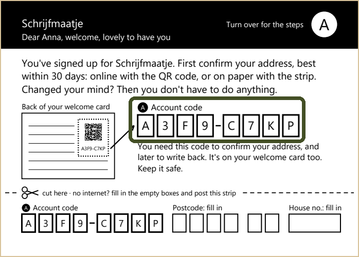 The front of the welcome letter. With a green frame around it, the account code in boxes.