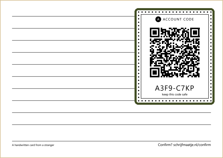 The back of the welcome card. At the top right, with a green frame around it, the box with the QR code and the account code below it.