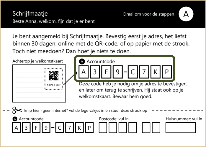 De voorkant van de aanmeldbrief. Met een groen kader erom de accountcode in vakjes.