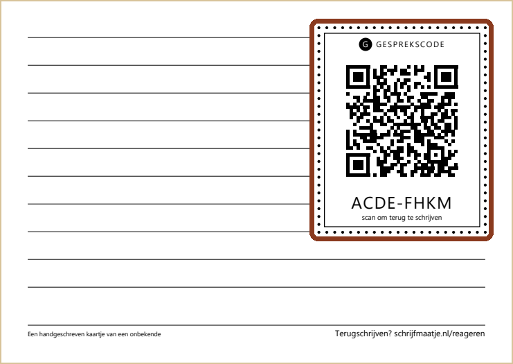 De achterkant van het kaartje. Rechtsboven, met een rood kader erom, het vak met de QR-code en daaronder de gesprekscode.