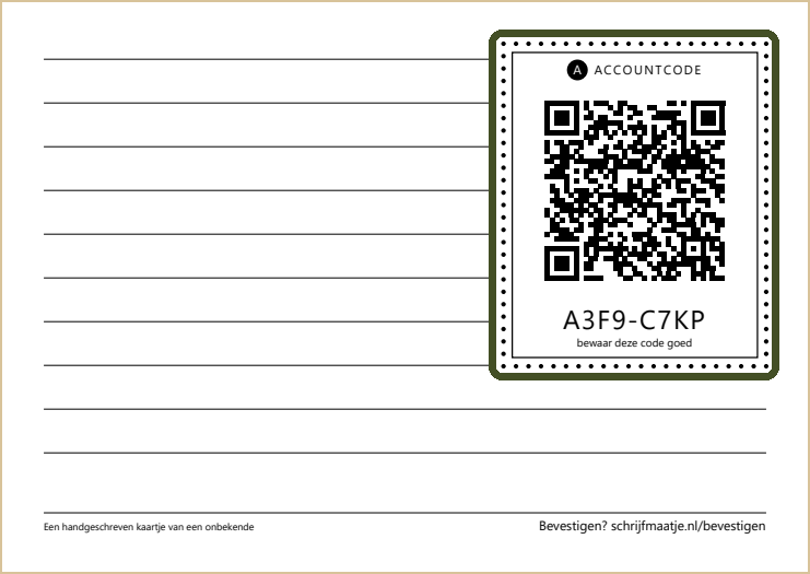 De achterkant van de welkomstkaart. Rechtsboven, met een groen kader erom, het vak met de QR-code en daaronder de accountcode.